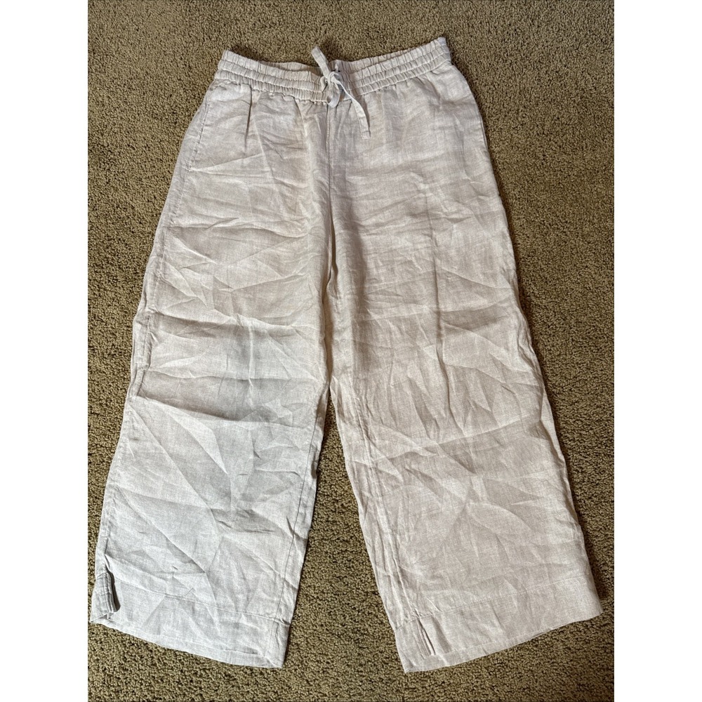 J Crew Women's Size M 100% Linen Crop Pants Beige Wide Leg Drawstring Beach Boho